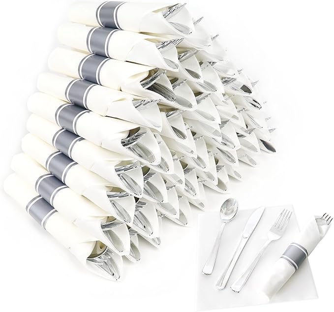 50 Pack Pre Rolled Silver Plastic Silverware Set,Wrapped Plastic Cutlery Set with Napkin Include 50 Forks,50 Spoons,50 Knives and 50 White Napkins for Party,Wedding,Christmas