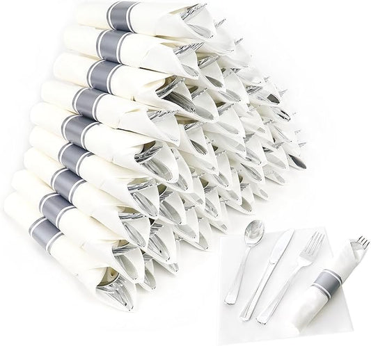 50 Pack Pre Rolled Silver Plastic Silverware Set,Wrapped Plastic Cutlery Set with Napkin Include 50 Forks,50 Spoons,50 Knives and 50 White Napkins for Party,Wedding,Christmas