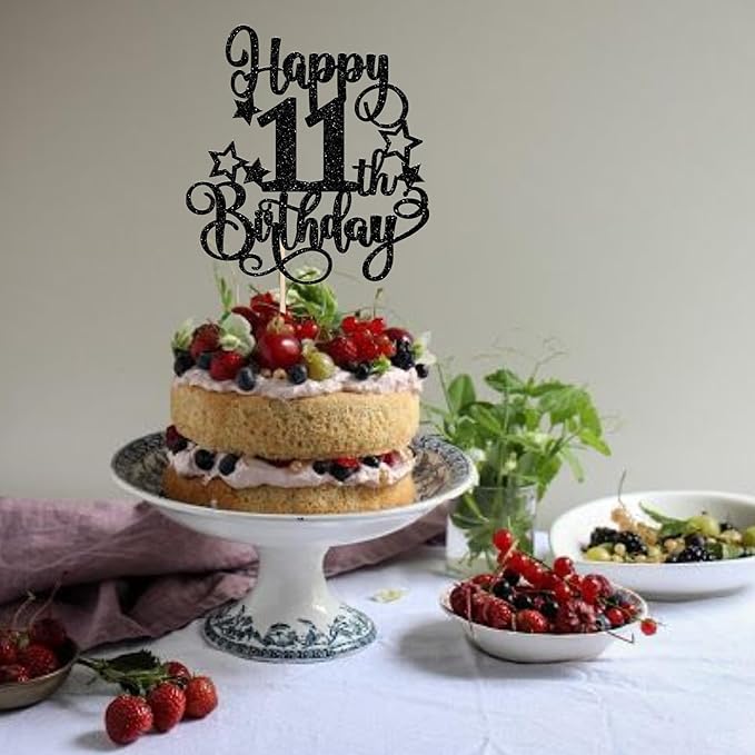 1 PCS Happy 11th Birthday Cake Topper Glitter Cheers to 11 Years Birthday Cake Pick Hello 11 Fabulous Cake Decoration for Happy 11th Birthday Anniversary Party Decorations Supplies Black