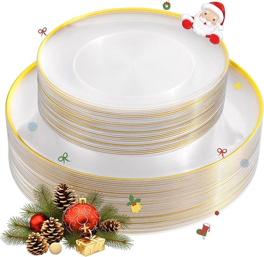 LIYH 60 Pcs Clear and Gold Plastic Plates Heavy Duty Clear Disposable Plates for Party Gold Plastic Plate for Wedding Birthday Include 30 Dinner 30 Dessert Plate