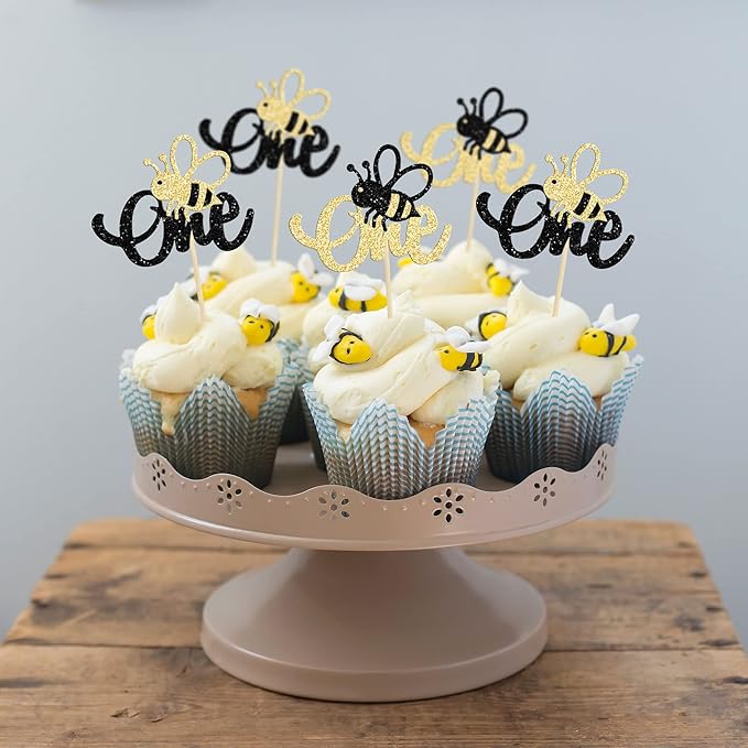 24Pcs Bumble Bee One Cupcake Toppers Glitter 1st Birthday Party Cupcake Picks Decorations for Bee Theme Baby Shower Kids First Birthday Party Supplies