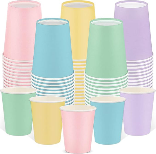 100 Pack Pastel Rainbow Paper Cups, 9oz Pastel Party Cups Colored Paper Cup Bulk, Disposable Drinking Cup for Birthday Holiday Party Supplies, 5 Colors