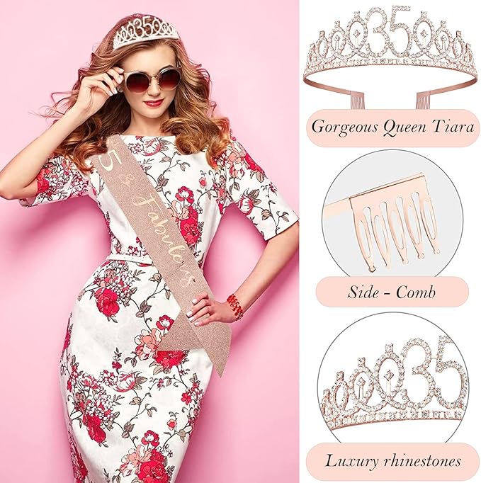 35th Birthday Decorations Gifts for Women, Including 35 year old Birthday Cake Topper, Queen Sash with Pearl Pin, Sweet Rhinestone Tiara Crown, Number Candles and Balloons Set, Rose Gold