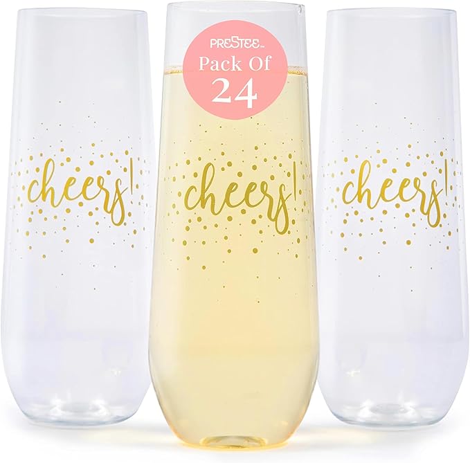 Prestee 24 Pack Stemless Plastic Champagne Flutes - 9 Oz Disposable Cheers Toast Cups for New Years Eve - Shatterproof Drinkware for Cocktails, and Mimosa Bar Supplies