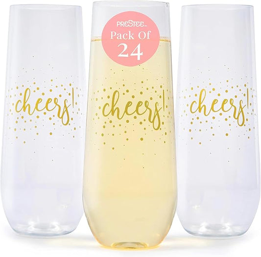 Prestee 24 Pack Stemless Plastic Champagne Flutes - 9 Oz Disposable Cheers Toast Cups for New Years Eve - Shatterproof Drinkware for Cocktails, and Mimosa Bar Supplies