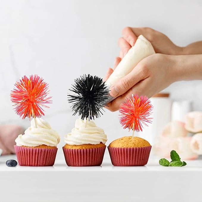 Gyufise 30Pcs Foil Firework Cupcake Toppers Sparkle Tinsel Cake Toppers Tinsel Drink Cake Decoration Cocktail Picks for Birthday Wedding Graduation Party Supplies Black Orange