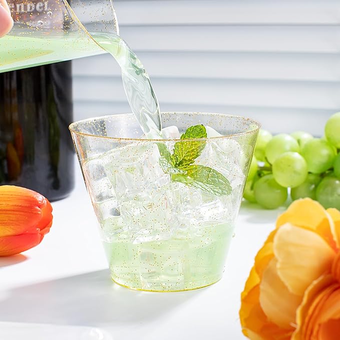 I00000 60 pcs Gold Plastic Cups - 9 OZ Hard Gold Glitter Plastic Cups For Cocktail and Drinking - Premium Disposable Cup with Gold Glitter For Fancy Wedding Party Cup