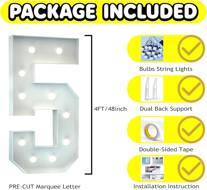 4FT Marquee Light Up Number, Giant Large Number PRE-CUT Foam Board Sign DIY Party Decor for Wedding, Birthday, Anniversary, Graduation, Holiday&Home Supplies (Number 5)