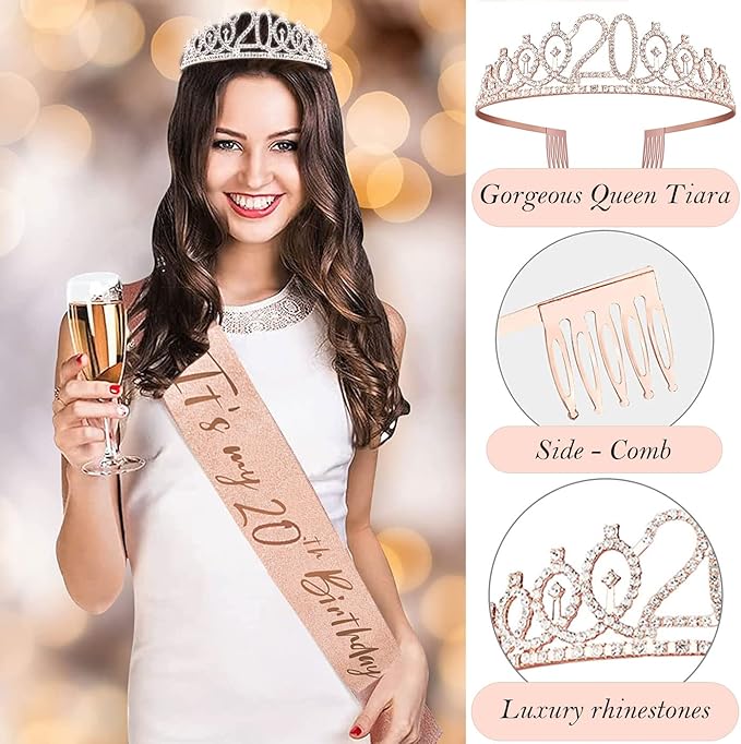 20th Birthday Decorations for Women, Birthday Sash and Crown, Cake Topper and Candles,Number Balloons, 20th Birthday Gifts for Women, 10pcs