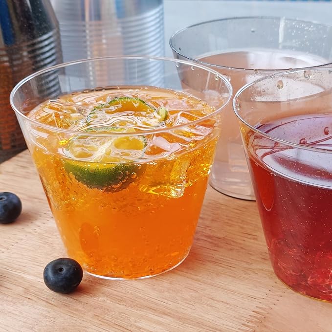 50Pack Glitter Sliver Plastic Cups, 9 oz Clear Fancy Disposable Cups,Clear Plastic Tumblers for Weddings,Birthday,Thanksgiving, Christmas,Halloween as Party Cups.