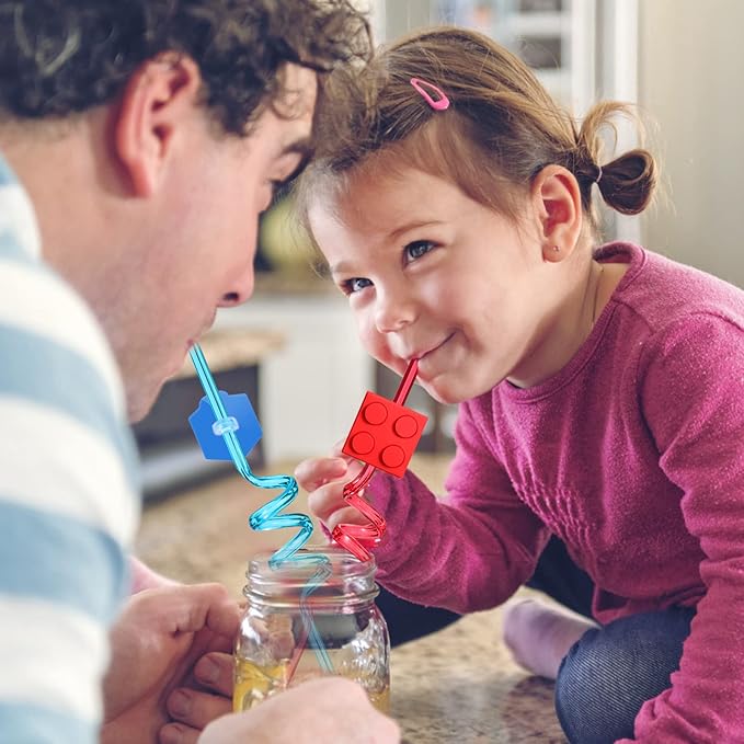 25 Building Blocks Party Favors Brick Block Drinking Straws for Building Blocks Birthday Party Supplies with 2 PCS Straws Cleaning Brush