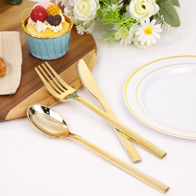 Rubtlamp 180 Pcs Gold Plastic Silverware - Disposable Plastic Utensils - Heavy Duty Plastic Forks And Spoons - Gold Plastic Cutlery Set Include 60 Forks, 60 Knives And 60 Spoons for Christmas Party