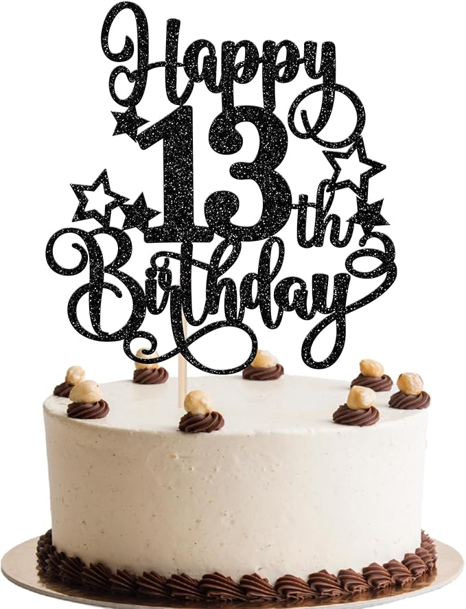 1 PCS Happy 13th Birthday Cake Topper Glitter Cheers to 13 Years Birthday Cake Pick Hello 13 Fabulous Cake Decoration for Happy 13th Birthday Anniversary Party Decorations Supplies Black