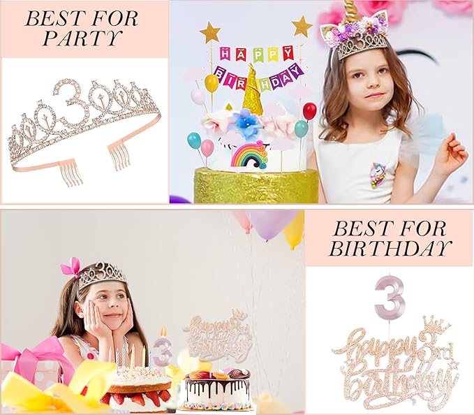 3rd Birthday Decorations for Girls, Including 3 year old Birthday Cake Topper, Queen Sash with Pearl Pin, Sweet Rhinestone Tiara Crown, Number Candles and Balloons Set, Rose Gold