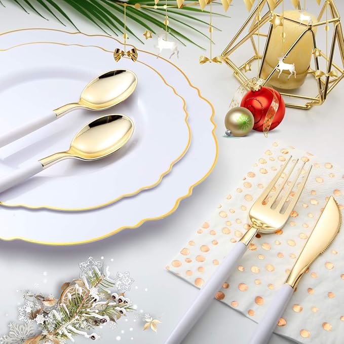 I00000 144Pcs Gold Plastic Silverware, Gold Plastic Utensils Set,Disposable Utensils Heavy Duty,Disposable Silverware Set Includes 48 Forks,48 Knives,48 Spoons for Party & Thanksgiving