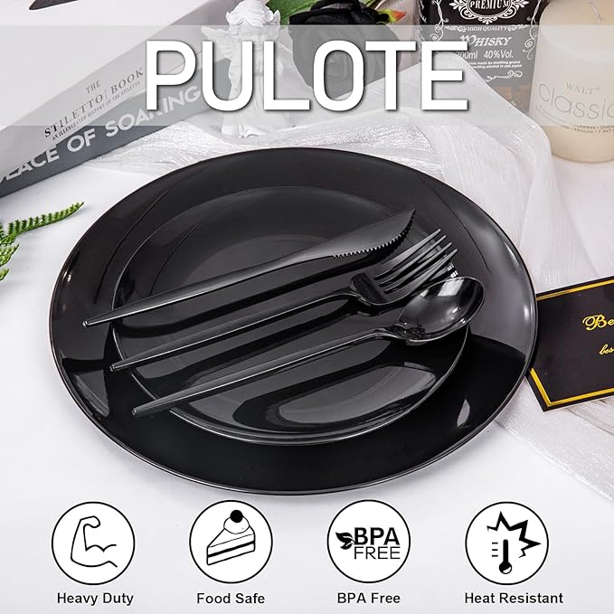 PULOTE 150PCS Black Plastic Silverware Set Disposable - Heavy Duty Black Plastic Cutlery - Black Plastic Utensils Set Include 50 Forks,50 Spoons,50 Knives for Party&New Year