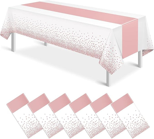 6Pcs White and Rose Gold Tablecloth Party Decorations,Plastic White Table Cloth Printed Rose Gold Table Runner Disposable Rectangle Table Cover for Birthday Anniversary Wedding Grad Party,54 x108 Inch