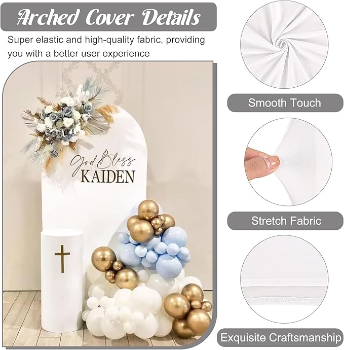Metal Arch Stand and Cover Set,1 White Spandex Fitted Backdrop with 1 Gold Wedding Arched Stand Frame for Parties Birthday Baby Shower Bridal Banquet Decoration (6FT)