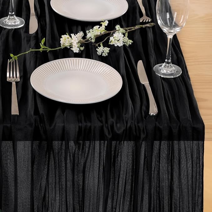 MLMC 3 Pack Black Table Runner 10ft Rustic Gauze Cheesecloth Table Runner 35x120 Inches Cheese Cloth Centerpiece for Wedding Party Bridal Shower Anniversary Events Gothic Decor