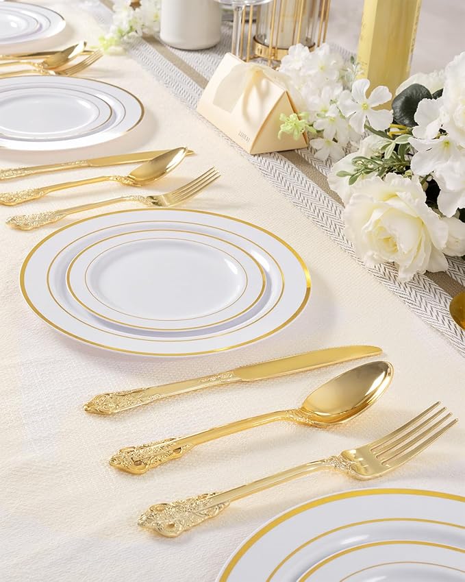 bUCLA HEAVYWEIGHT 150PCS Gold Plastic Silverware Disposable - Extra Heavy Duty Plastic Cutlery - Gold Disposable Utensils Set - Include 50 Knives, 50 Forks,50 Spoons for Party & Special Moments