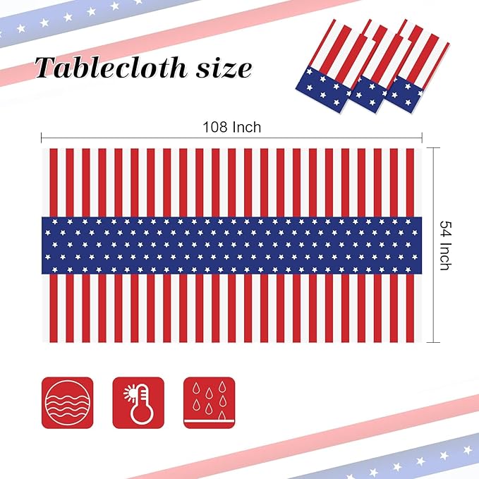 Childom 3 Pack Patriotic Tablecloth,Disposable Plastic Tablecloth 54"x108" Patriotic Decorations,Birthday Party Table Cloth for Kids,Patriotic Themed Party Supplies for Outside,Picnic,Camping,Memorial