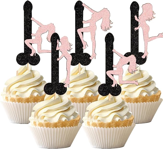 ZitTRo 28 Pcs Pole Dancing Girl Cupcake Toppers, Black-pink Glitter Pole Bachelorette Cupcake Picks, Pole Dancers Cupcake Decorations for Night Out Hen Movie Party，Valentine's Day