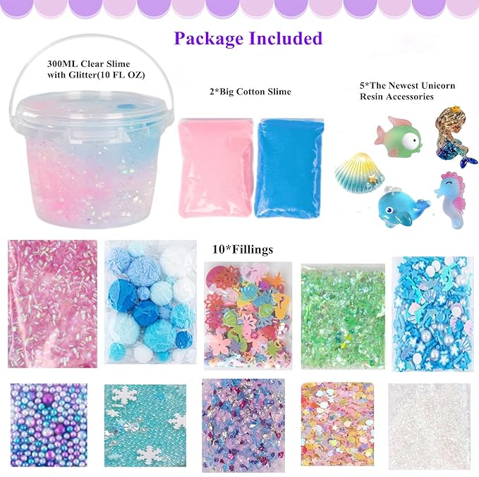 Mermaid Slime Kit,Clear Slime Bucket Kids Birthday Party,Stress Relief Slime Kit for Girls and Boys Handmade Slime Toy