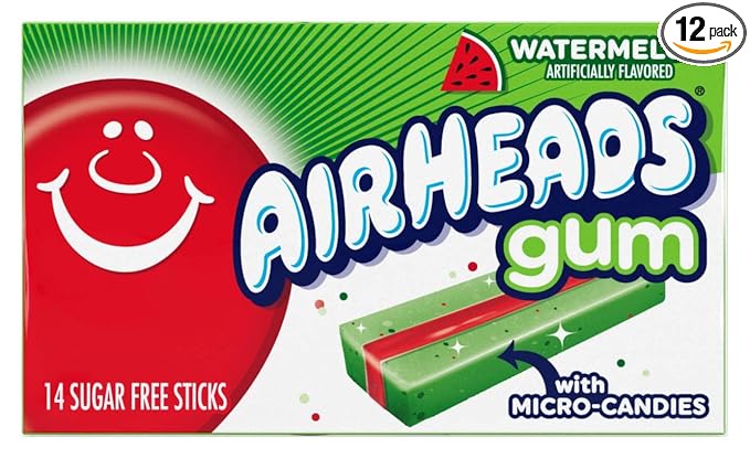 Airheads Chewing Gum, Sugar Free Gum with Micro-Candies, Individually Wrapped Christmas Stocking Stuffers for Adults & Kids, Watermelon Flavor Artificially Flavored, 14 Sticks (12-Pack)