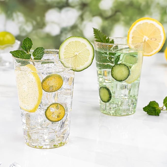 BESTVIP 12oz Gold Glitter Disposable Cups, 100 Pack Gold Plastic Cups, Heavy-duty Party Cocktail Glasses for Christmas, Plastic Cups for Party, Holiday, Wedding and Birthday