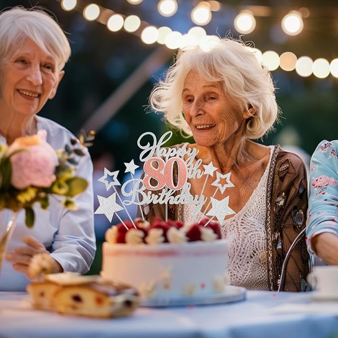 Happy 80th Birthday Cake Toppers, Rose Gold Silver Glitter Cake Decorations Set, 80th Birthday Decor, Birthday Anniversary Party Decorations Supplies