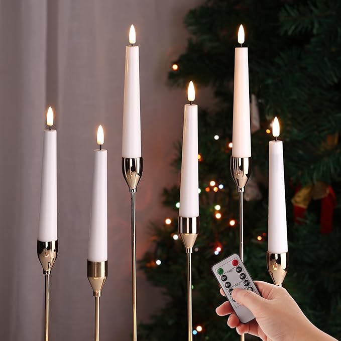Eywamage Short White Flameless Taper Candles with Remote, Flickering Battery LED Wax Candlesticks Set of 6