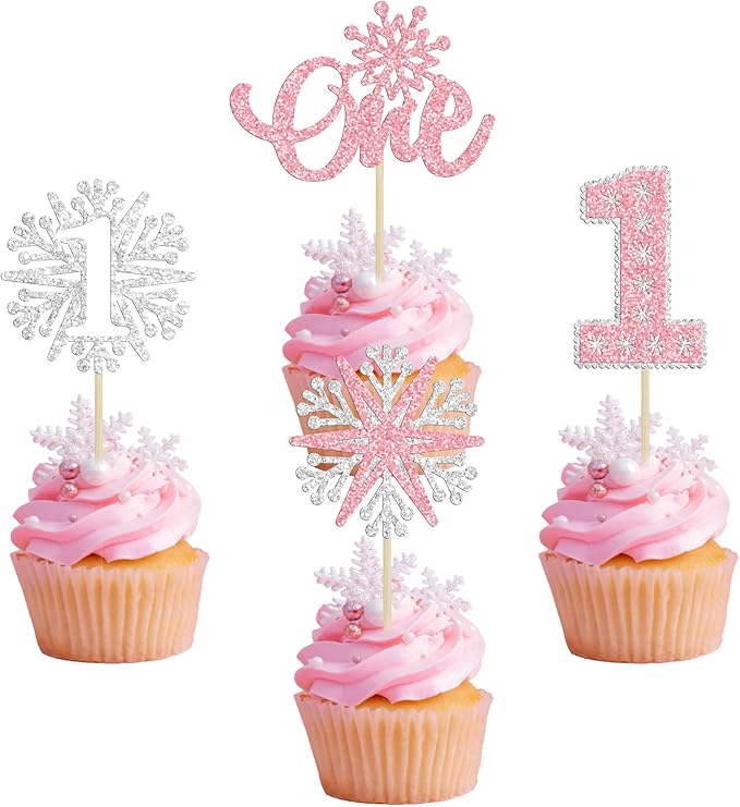 24Pcs Snowflake One Cupcake Toppers Pink Glitter Winter Snowflake 1st Birthday Cupcake Picks First Birthday Cake Decorations for Winter Wonderland Kids 1st Birthday Party Supplies