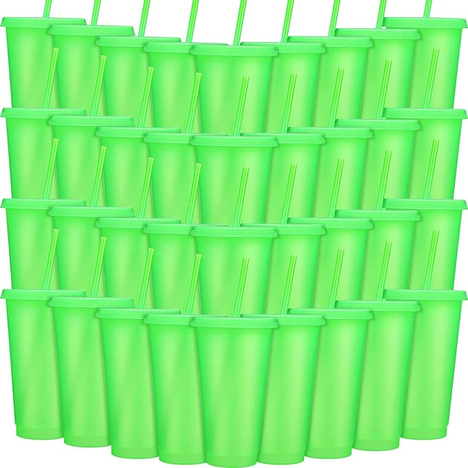 Honeydak 60 Pack Tumbler with Straw and Lid Bulk Cups for Gifts Glitter Plastic Coffee Cups 24-27 oz Reusable Water Bottle Iced Coffee Travel Mug Party Favors for Birthdays Travel (Fluorescent Green)