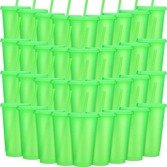 Honeydak 60 Pack Tumbler with Straw and Lid Bulk Cups for Gifts Glitter Plastic Coffee Cups 24-27 oz Reusable Water Bottle Iced Coffee Travel Mug Party Favors for Birthdays Travel (Fluorescent Green)