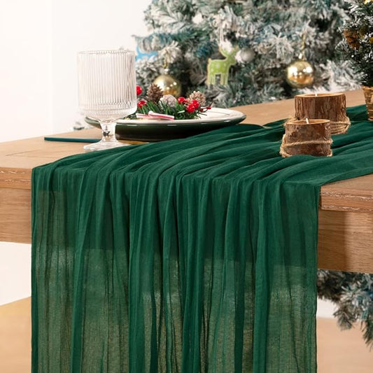 MLMC Emerald Green Table Runner Boho Dark Green Christmas Cheesecloth Table Runner 10ft Sheer Gauze Cheese Cloth Decorations for Wedding Bridal Shower Home Party Decor