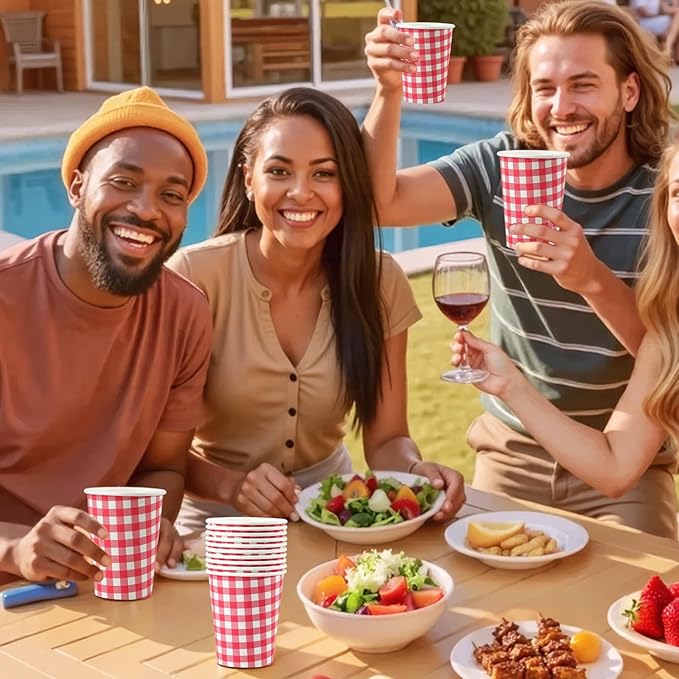 50 Pcs 8 oz Gingham Paper Cups, Disposable Gingham Cups, Checkered Cup for Hot Cold Beverage Birthday Party Supplies Decor (Red)