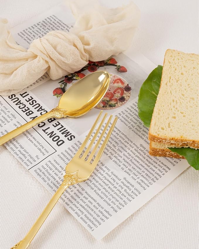 bUCLA HEAVYWEIGHT 150PCS Gold Plastic Silverware Disposable - Extra Heavy Duty Plastic Cutlery - Gold Disposable Utensils Set - Include 50 Knives, 50 Forks,50 Spoons for Party & Special Moments