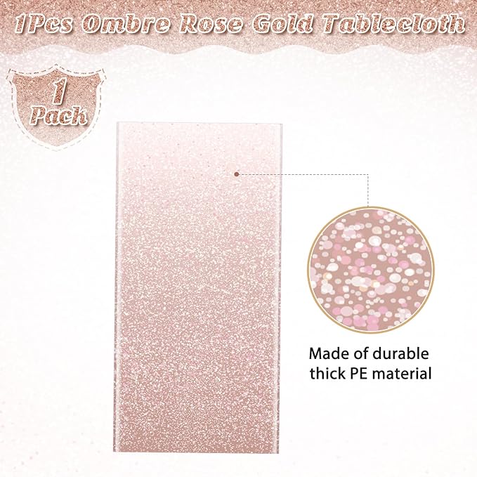 1 Pack Ombre Rose Gold Plastic Tablecloth for Parties, Gradient Pastel Rose Gold Disposable Tablecloths for Rectangle Tables, Light Pink Sprinkle Table Cover for Wedding Birthday Party, 54 x 108 Inch