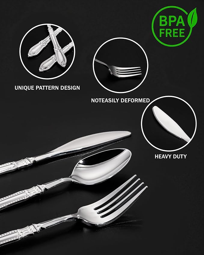 Nervure 300PCS Silver Plastic Silverware - Heavy Duty Disposable Cutlery Set,Luxury Silver Plastic Utensils include 100Pcs Forks, 100Pcs Spoons, 100pcs Knives Perfect for Wedding,Party,Daily Use