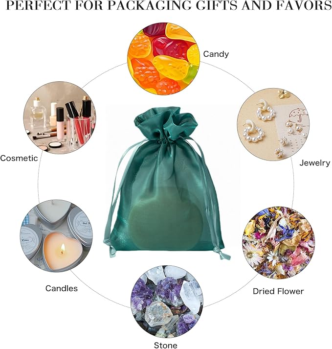 QIANF 20 Pcs Dark Green Small Organza Bags 4X6 inch for Wedding Favors with Drawstring, Mini Mesh Gift Bags Jewelry Pouch for Candy Bridal Shower Party Favor Baby Shower Christmas