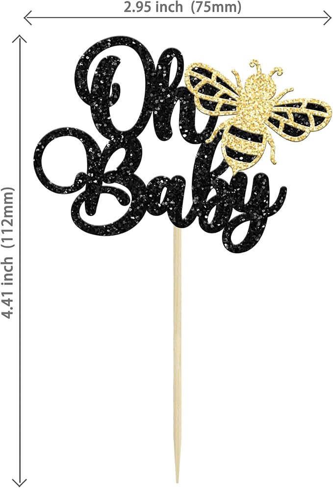 24Pcs Bee Oh Baby Cupcake Toppers Glitter Oh Babee Cupcake Picks Bumble Bee Theme Baby Shower Kids First Birthday Party Cake Decorations Supplies Black