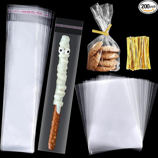 ASTARON 200 Pcs Pretzel Bags with Ties Pretzel Rod Bags Self Adhesive Birthday Party Treat Bags, Pretzels Sticks Individual Clear Cellophane Bags for Cookies Candies