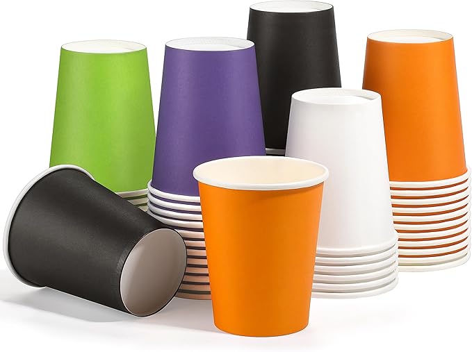 URATOT 60 Pieces Halloween Party Cups 9 Ounce Disposable Paper Cups Black and Orange Drinking Cup Cold Hot Drink Table Decor Supplies for Halloween Party, DIY, and Holiday, 5 Colors