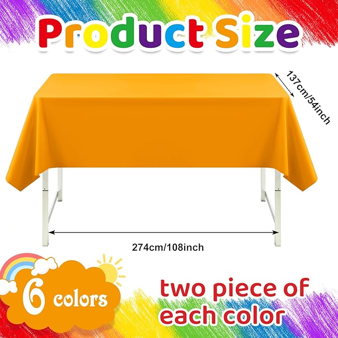 VAIPI 12 Pcs Rainbow Plastic Tablecloths Assorted Colorful Disposable Party Table Cloths Rectangle Pastel Table Covers for Wedding Birthday Neon Party Decor, 108'' x 54''
