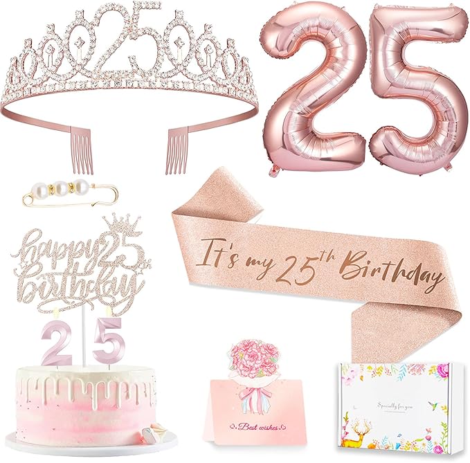 25th Birthday Decorations Gifts for Women, Including 25 year old Cake Topper, Queen Sash with Pearl Pin, Sweet Rhinestone Tiara Crown, Number Candles and Balloons Set, Rose Gold