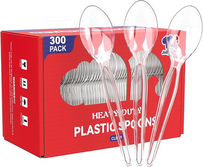 JOLLY CHEF [300 Count] Clear Plastic Spoons, Heavy Duty Disposable Spoons Utensils, Clear Plastic Silverware Bulk for Party, Birthday, Wedding, Thanksgiving