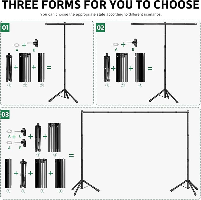 3-in-1 Backdrop Stand Kit 10x8.5 ft for Photography Studio, T-Shape Backdrop Stand for Wedding Parties, Background Stand for Photo Video Studio with Carring Bag, 6 Clamps, 2 Sandbags