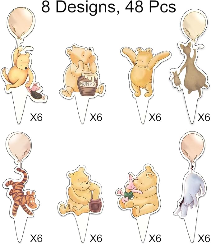 48 Pcs Winnie Cupcake Toppers Classic Baby Shower Decorations Cute Cake Decorations Oh Baby Newborn Party Favors Boys and Girls First Birthday Supplies