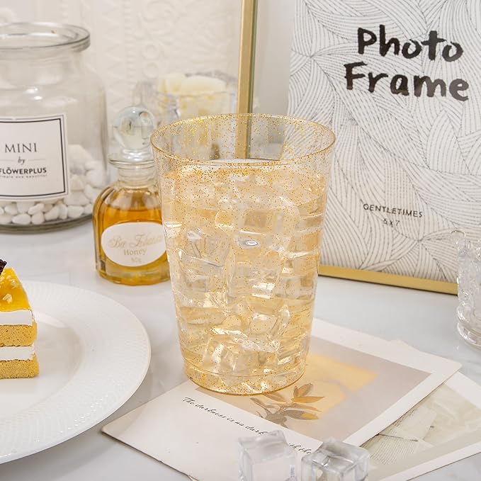 I00000 200 Pack 12 oz Gold Glitter Plastic Cups, Clear Disposable Cups, Disposable Plastic Wine Glasses Cocktail Glasses Premium Cups, 12 Ounce Glitter Tumblers for Party & Wedding