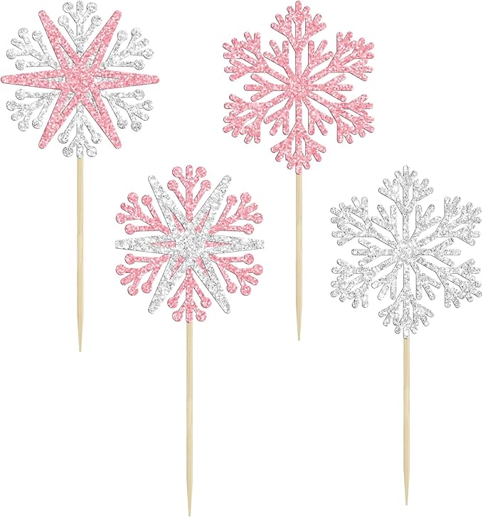 24Pcs Snowflake Cupcake Toppers Winter Frozen Winter Wonderland Cake Pick Decorations for Snowflake Theme Baby Shower Birthday Merry Christmas Party Supplies Pink